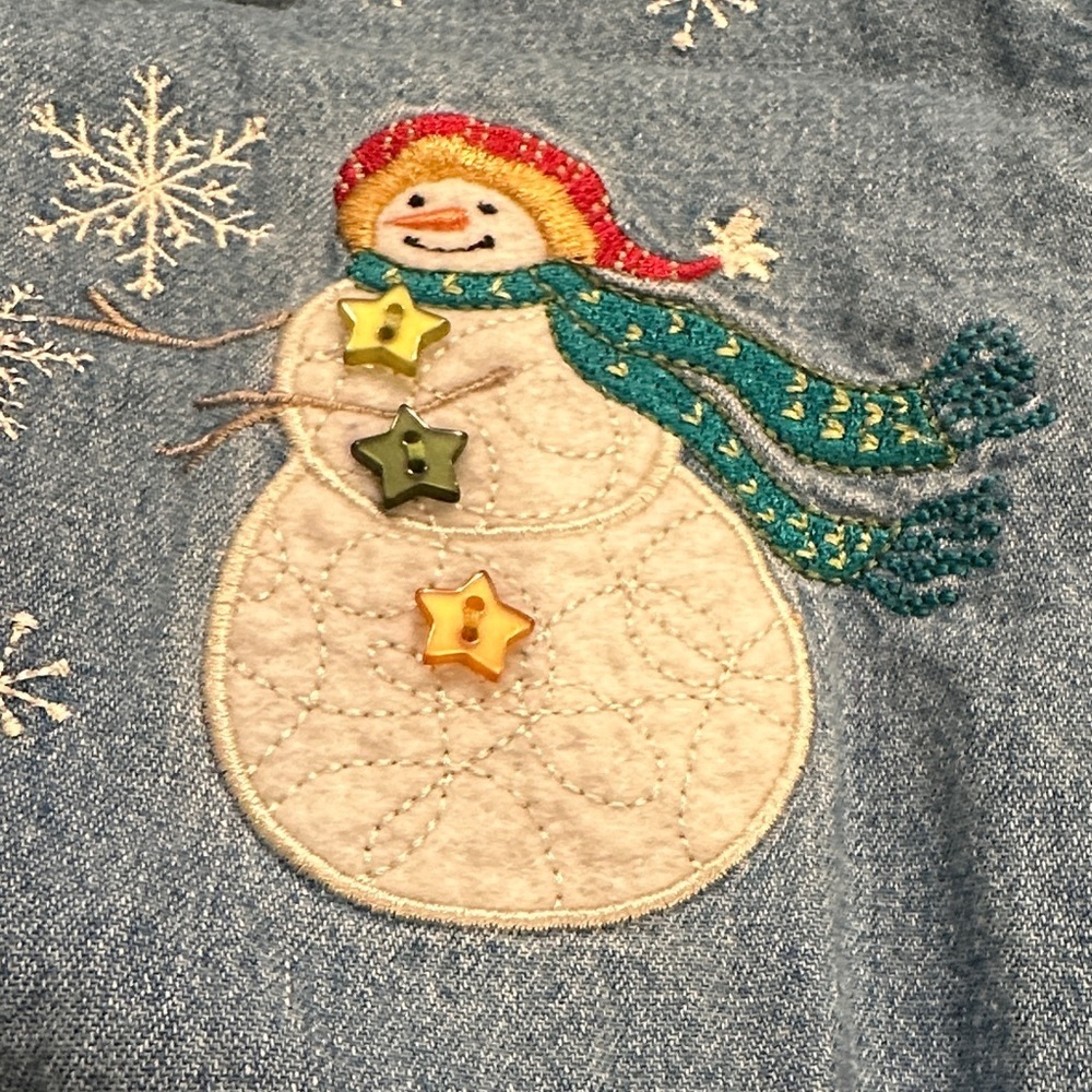 CJ Banks Blue Button Down Shirt with Snowman Embroidery - Picture 9 of 10